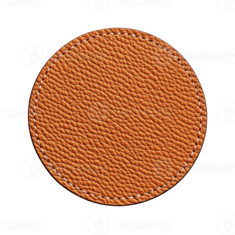 A round, textured leather patch in warm brown color with visible stitching around edges, creating rustic and handcrafted appearance png