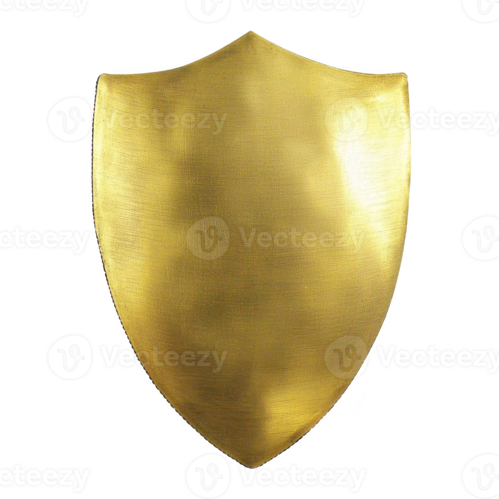 A shiny golden shield with smooth surface, symbolizing protection and strength, isolated on transparency background. shield metallic texture reflects light, giving it polished appearance png