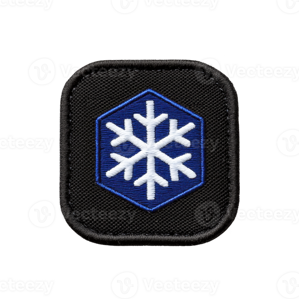 A This shows patch with white snowflake design on blue hexagonal background, bordered by dark gray square. patch has textured, embroidered appearance.snowflake patch with blue hexagon png