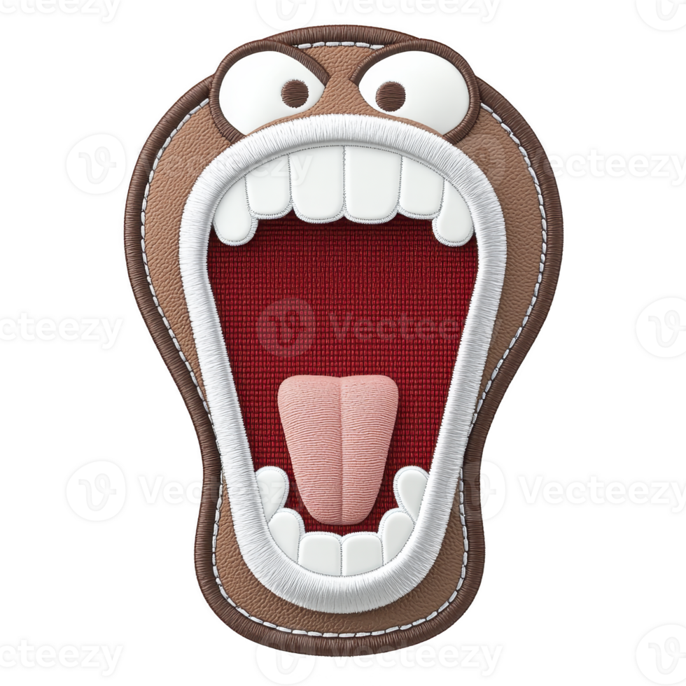 A cartoonish, embroidered patch design features wide open mouth with exaggerated teeth and tongue, surrounded by brown border. playful expression adds humorous touch png