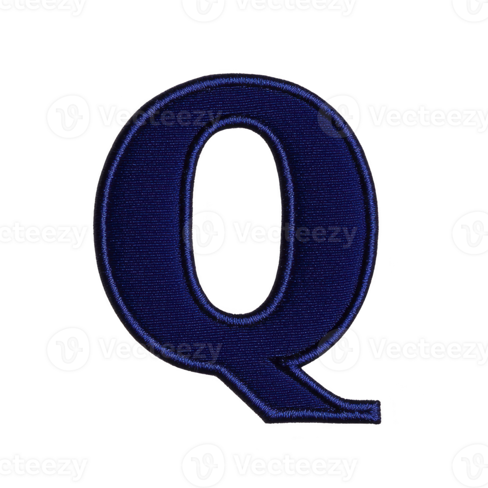 A bold, dark blue letter Q with textured, embroidered appearance stands out against transparent background, creating striking visual effect png