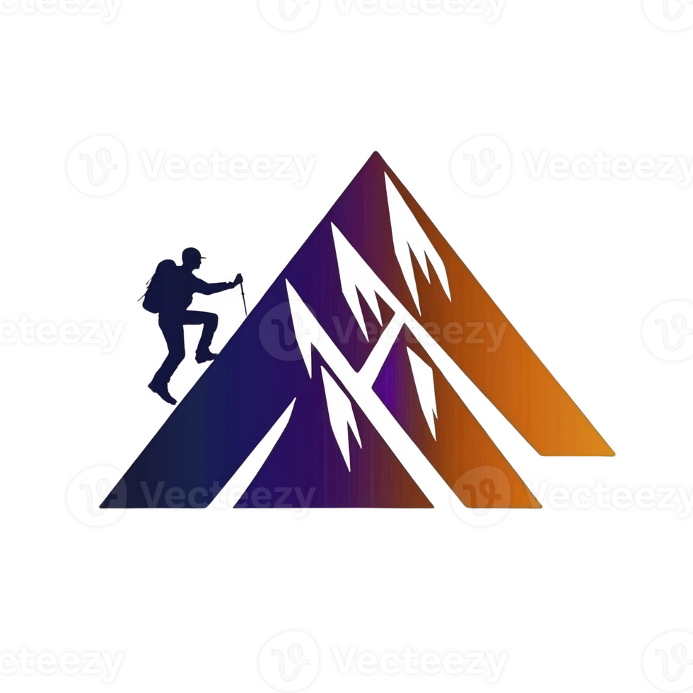 A silhouette of hiker climbing stylized mountain with gradient of purple to orange, symbolizing adventure and exploration. design conveys sense of achievement and outdoor enthusiasm png