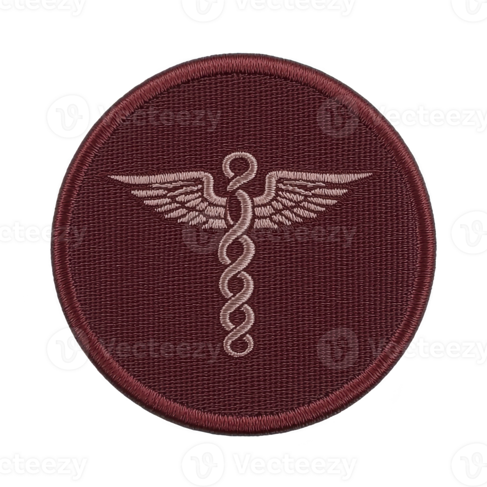 A maroon circular patch features embroidered caduceus symbol, representing medicine and healthcare. design is detailed with staff entwined by two serpents and topped with wings png
