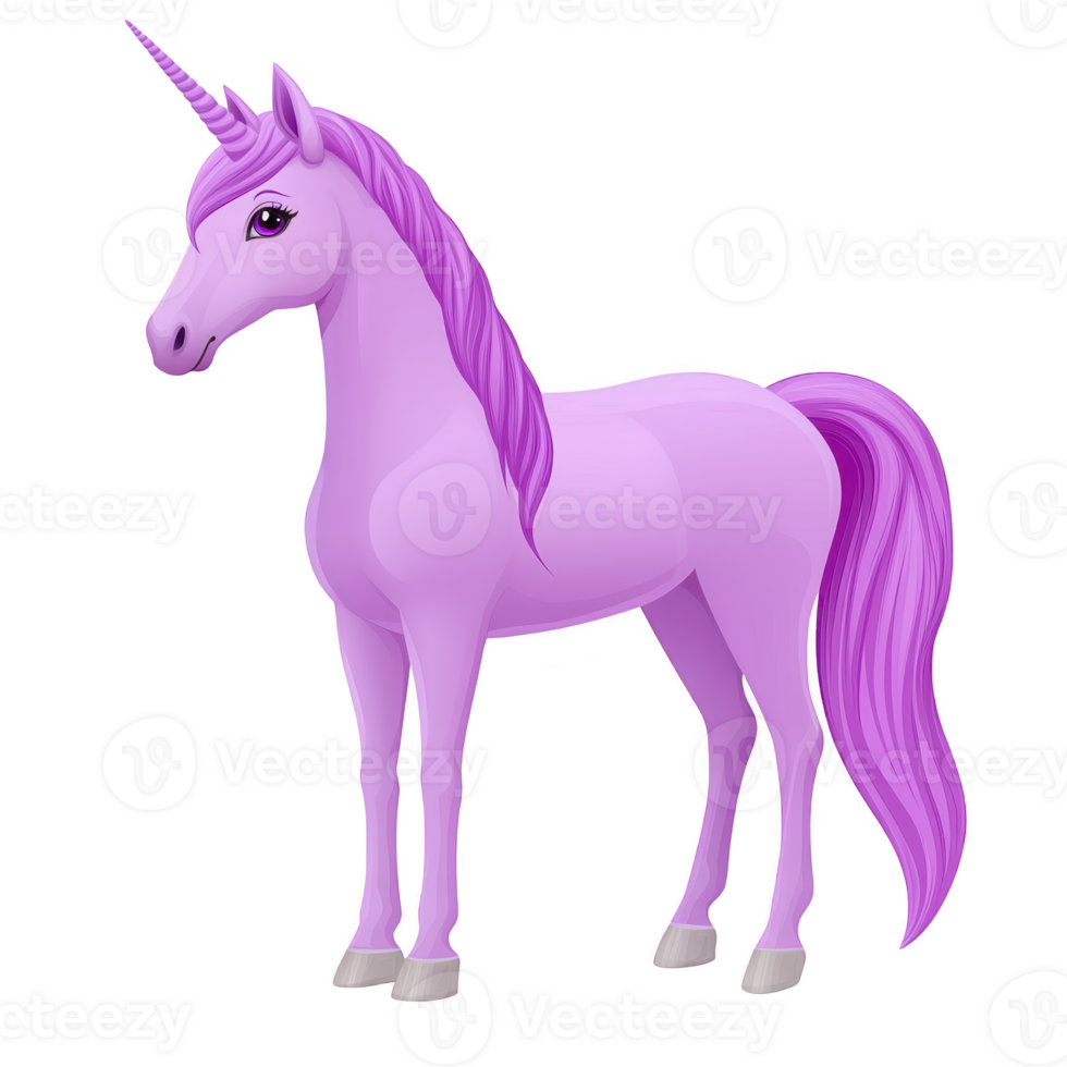 A majestic purple unicorn with flowing mane and tail stands gracefully, exuding sense of magic and wonder. Its horn glistens, adding to its enchanting appearance png