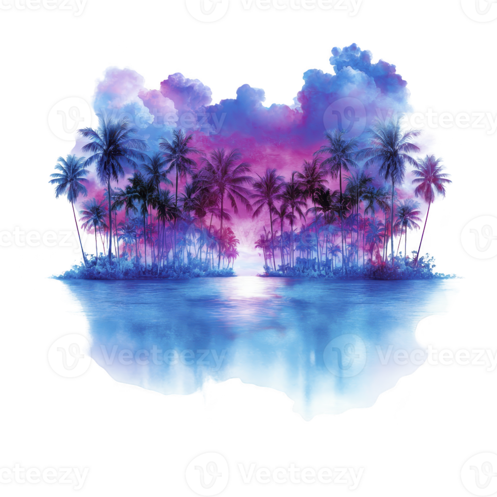 A vibrant tropical paradise with palm trees silhouetted against stunning pink and purple sunset sky, reflecting on calm blue waters, evokes sense of tranquility and wonder png