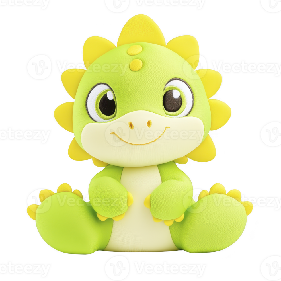 A cute, cartoon style green dinosaur with yellow spikes sits happily, showcasing its large eyes and friendly smile. plush like texture adds to its adorable appearance, making it perfect for children png