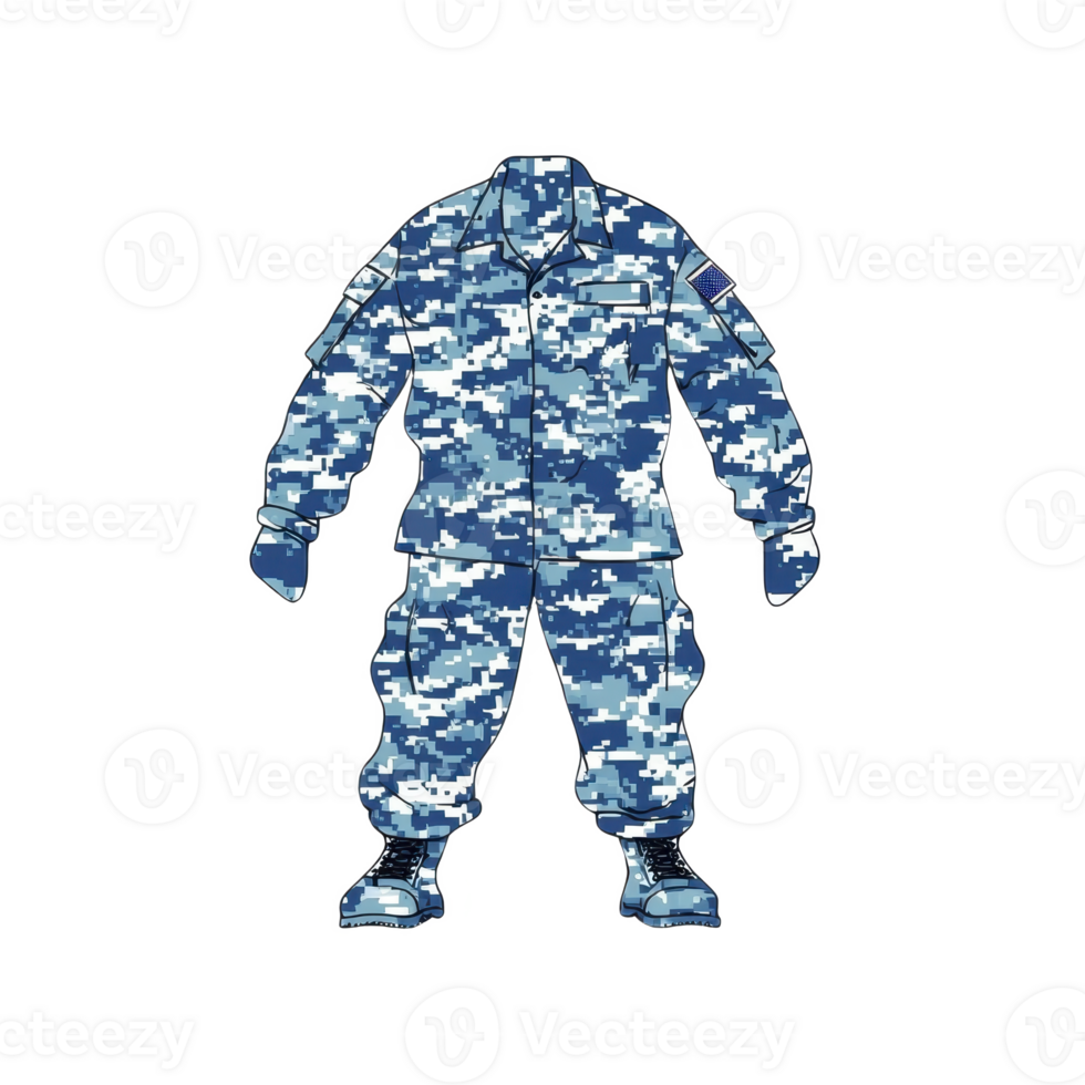 A digital illustration of blue camouflage military uniform with boots, featuring pixelated pattern and American flag patch on sleeve, conveying sense of readiness png