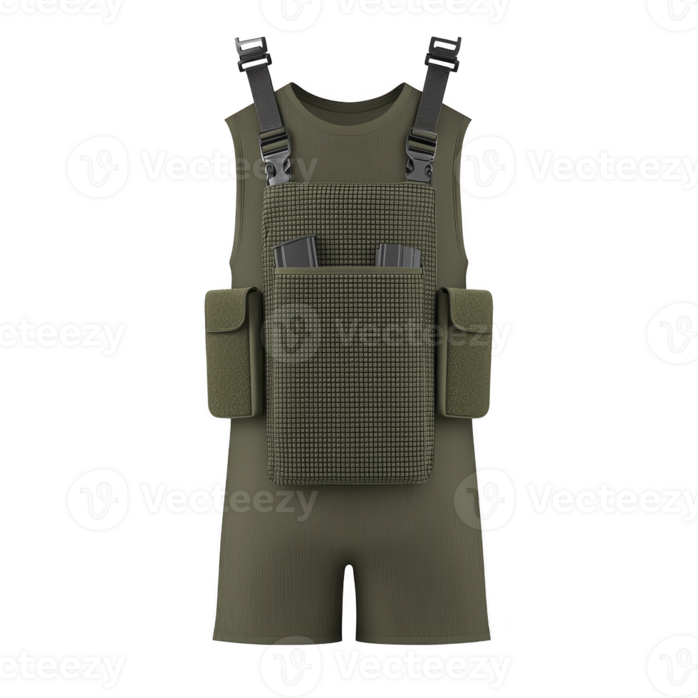 A green tactical vest with multiple pockets and adjustable straps is displayed matching green outfit. vest features large central pocket and two side pockets, designed for utility and convenience png