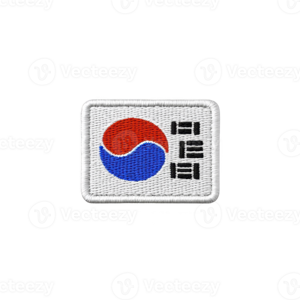 A This features rectangular embroidered patch with design inspired by South Korean flag, showcasing red and blue Taegeuk symbol and Korean characters. patch has white border png