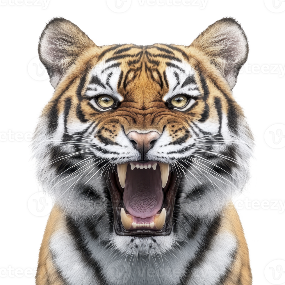 A fierce tiger with open mouth and sharp teeth is depicted close up, showcasing its striking orange and black striped fur and intense gaze. image captures wild and powerful nature of this majestic png