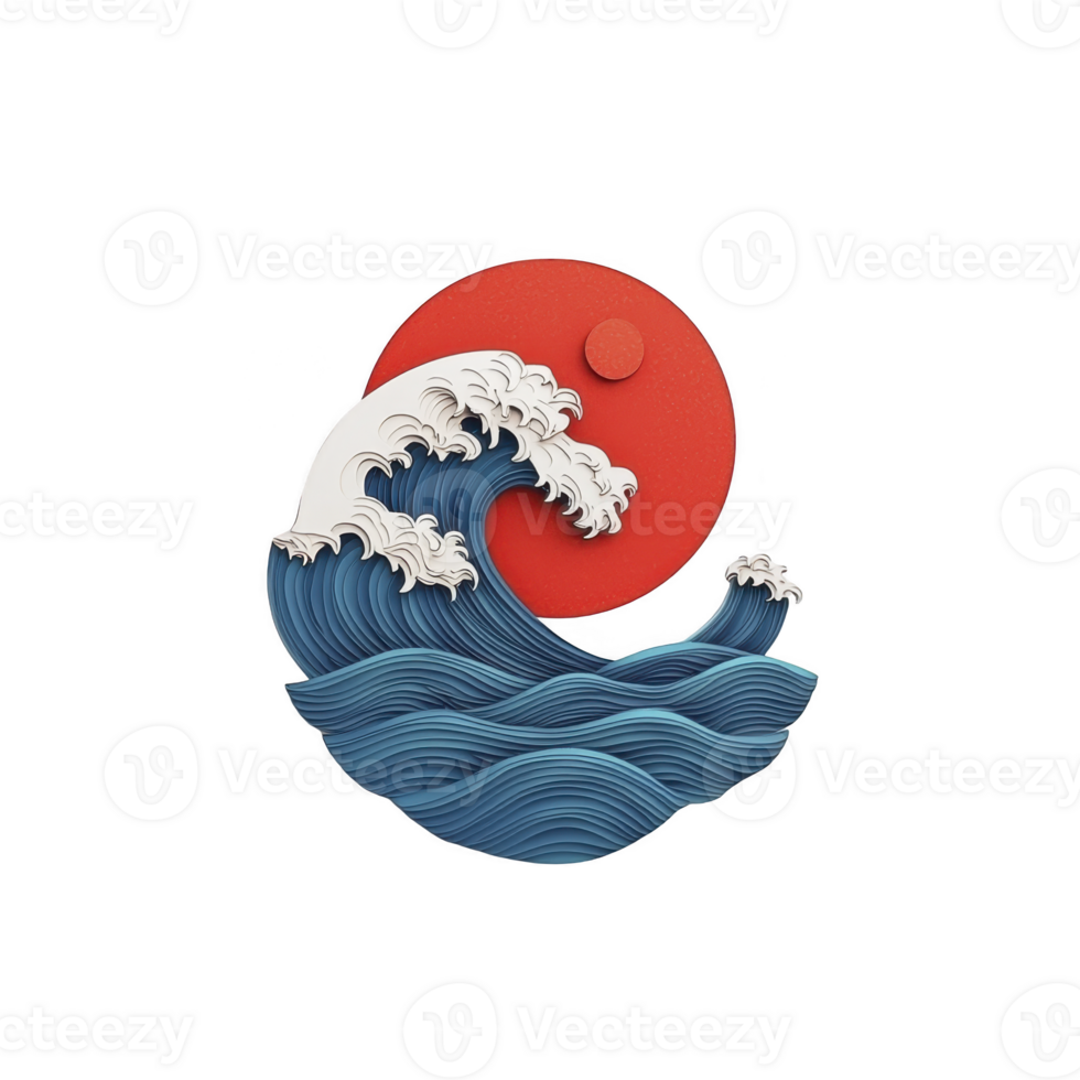 A stylized illustration of large blue wave with white foam, set against vibrant red sun, evokes sense of dynamic movement and energy. design is reminiscent of traditional Japanese art png
