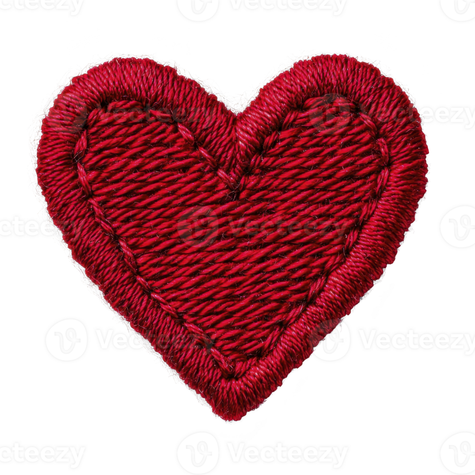 A red embroidered heart patch with intricate stitching and textured fabric surface, perfect for adding touch of love to clothing or accessories. vibrant color and detailed design make it charming png