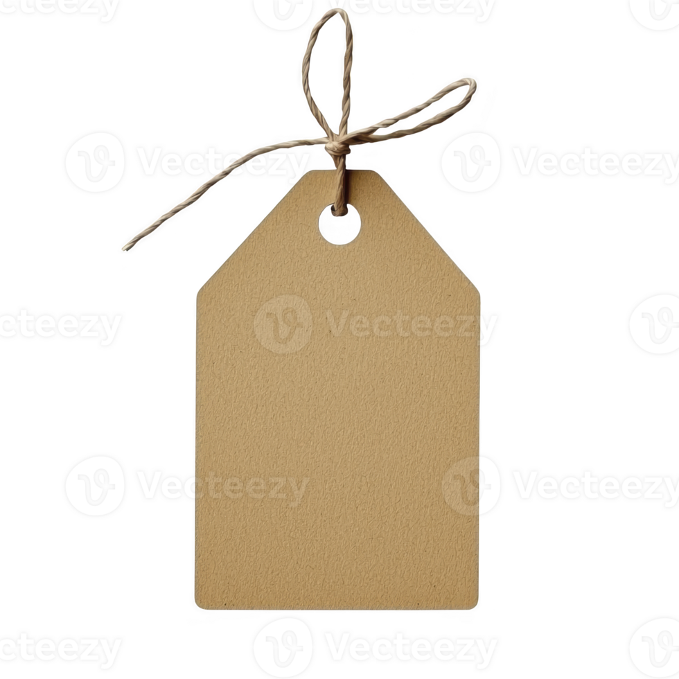 A blank brown paper tag with string is isolated on transparency background, perfect for labeling or gift wrapping. simple design allows for customization and creativity png