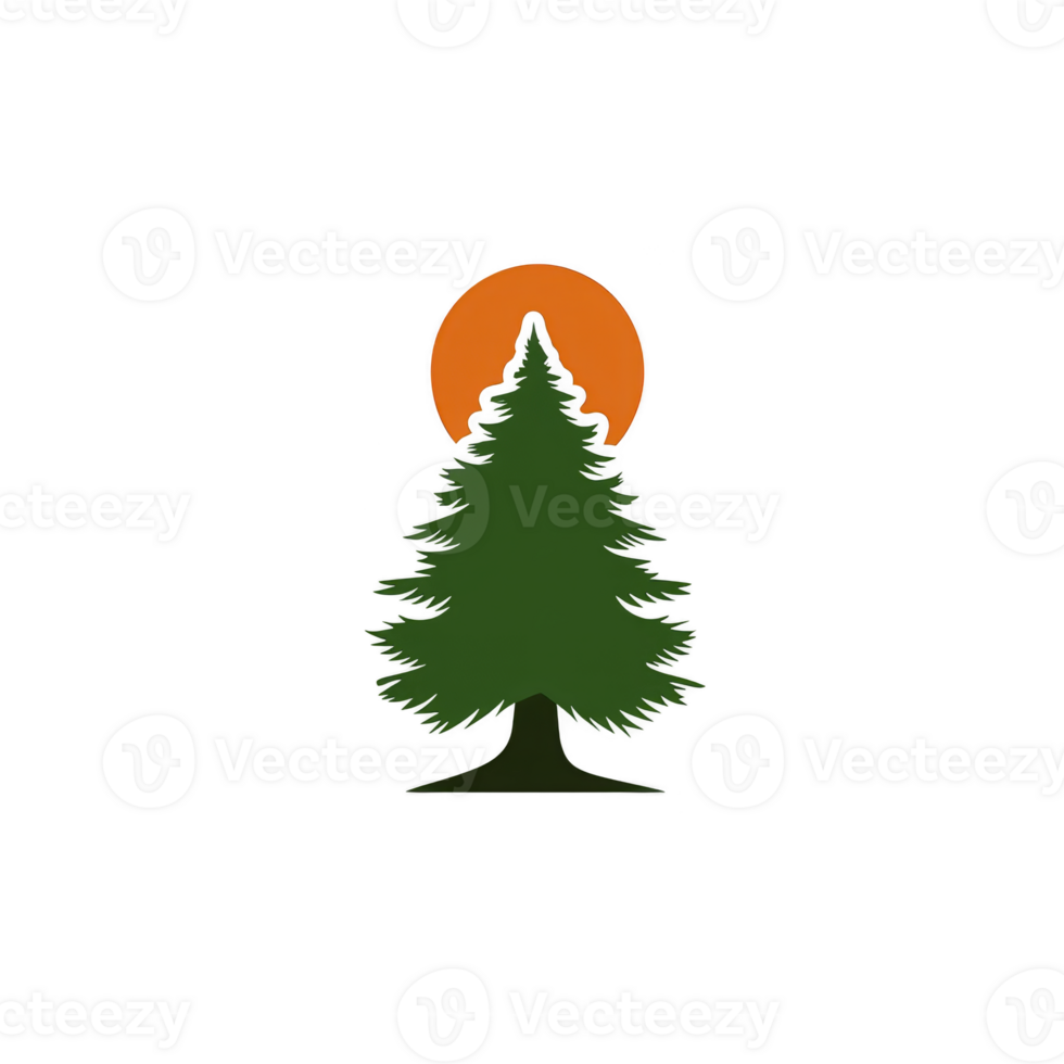 A stylized green pine tree stands tall against orange sun, creating serene and natural scene. simple design evokes sense of tranquility and connection to nature png