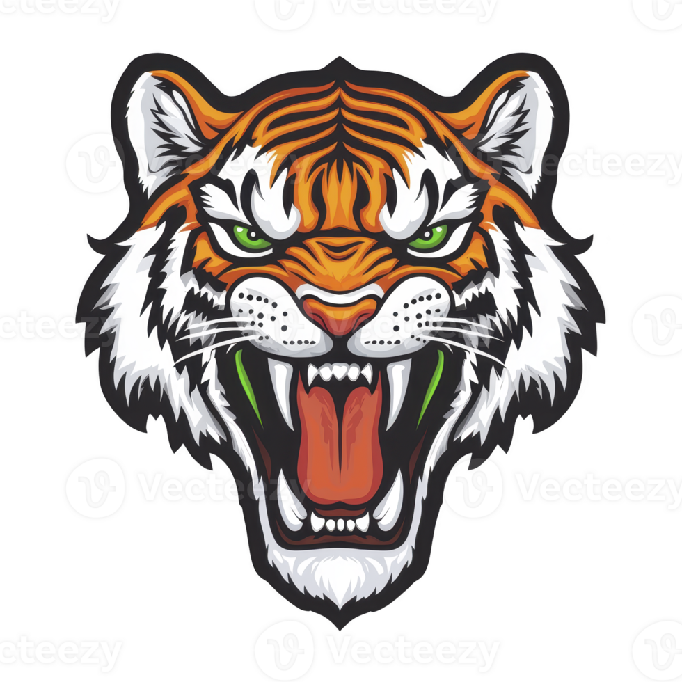 A fierce tiger head illustration with vibrant orange and black stripes, green eyes, and open mouth showing sharp teeth, conveying power and intensity png
