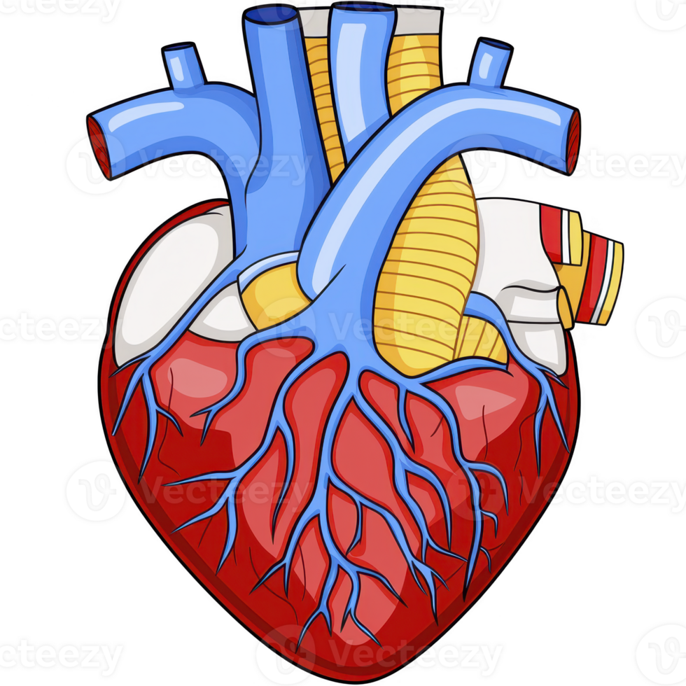 A detailed illustration of human heart showcases its complex anatomy, including arteries, veins, and chambers, with vibrant colors highlighting circulatory system png