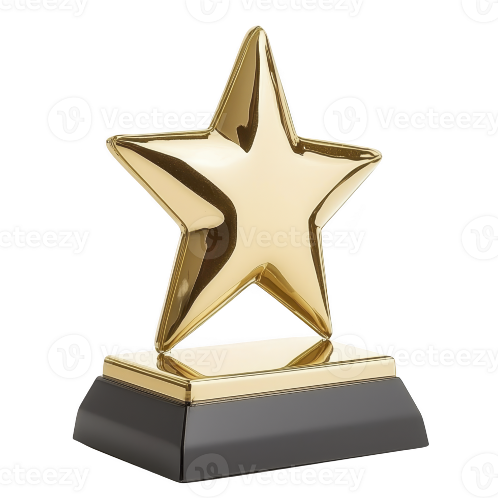 A shiny golden star trophy with reflective surface sits atop black base, symbolizing achievement and excellence. elegant design conveys sense of prestige and celebration png