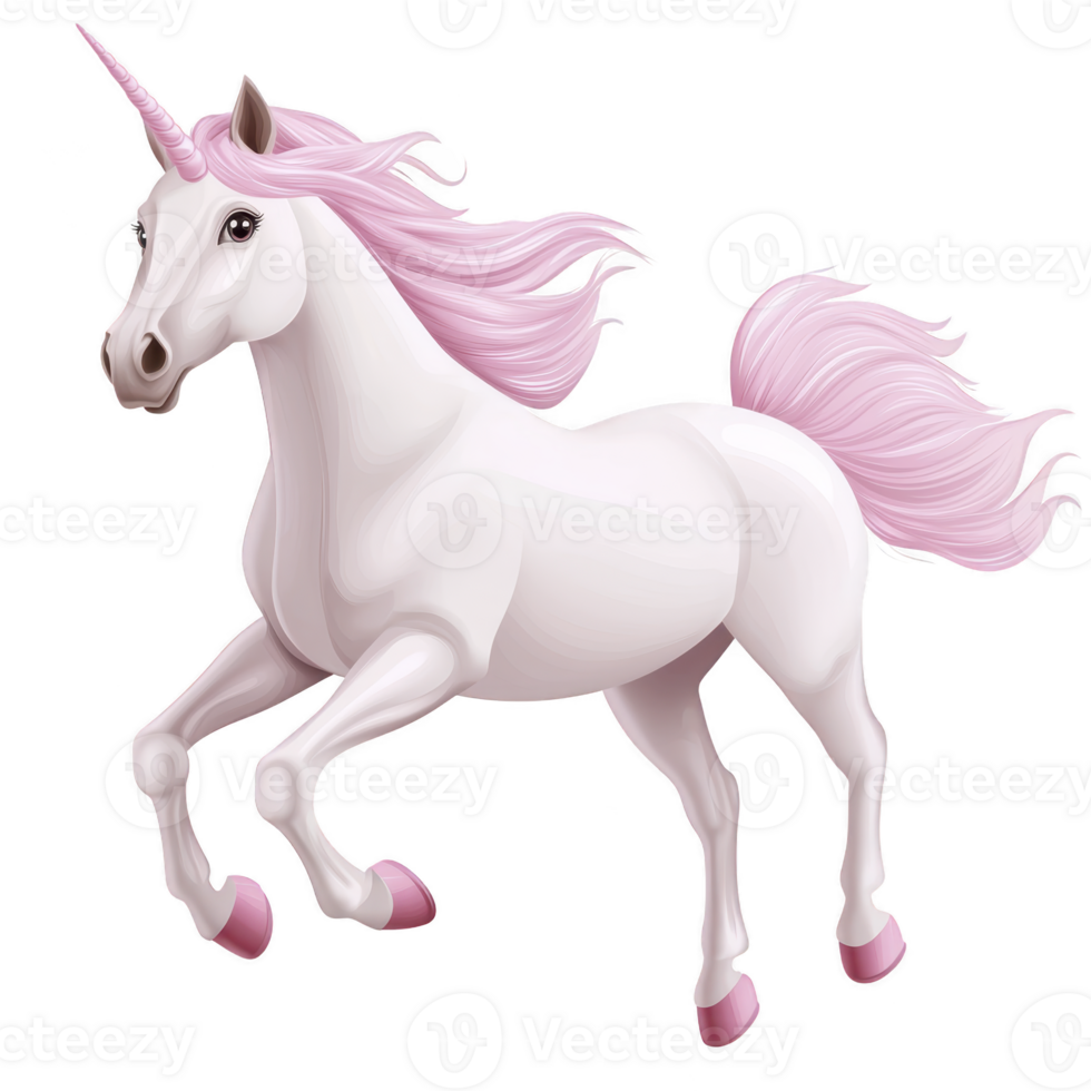 A majestic unicorn with flowing pink mane and tail stands gracefully, exuding sense of magic and wonder. Its elegant pose and mythical presence captivate imagination png