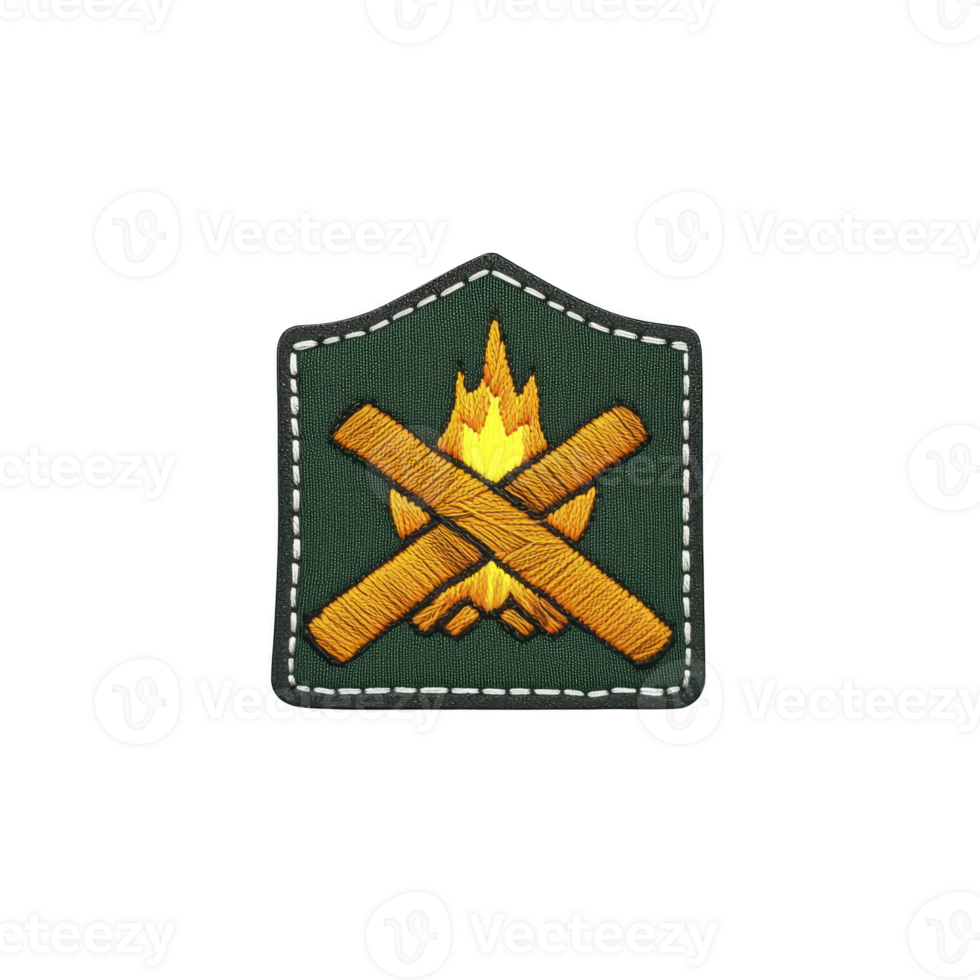 A green embroidered patch features campfire with crossed logs, symbolizing outdoor adventure and camping. design is outlined with stitched border, adding rugged touch png