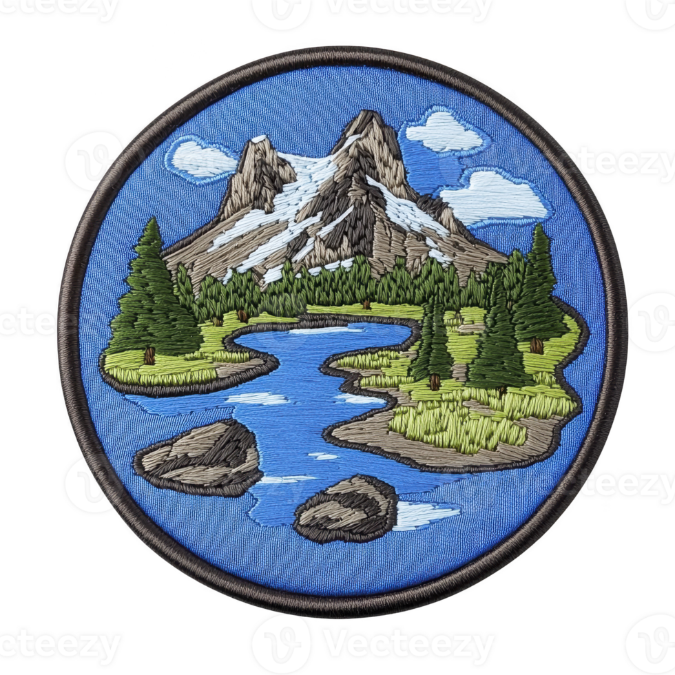 A This features circular embroidered patch depicting scenic landscape with snow capped mountain, winding river, and lush green trees blue sky with clouds. patch has border and showcases natural png