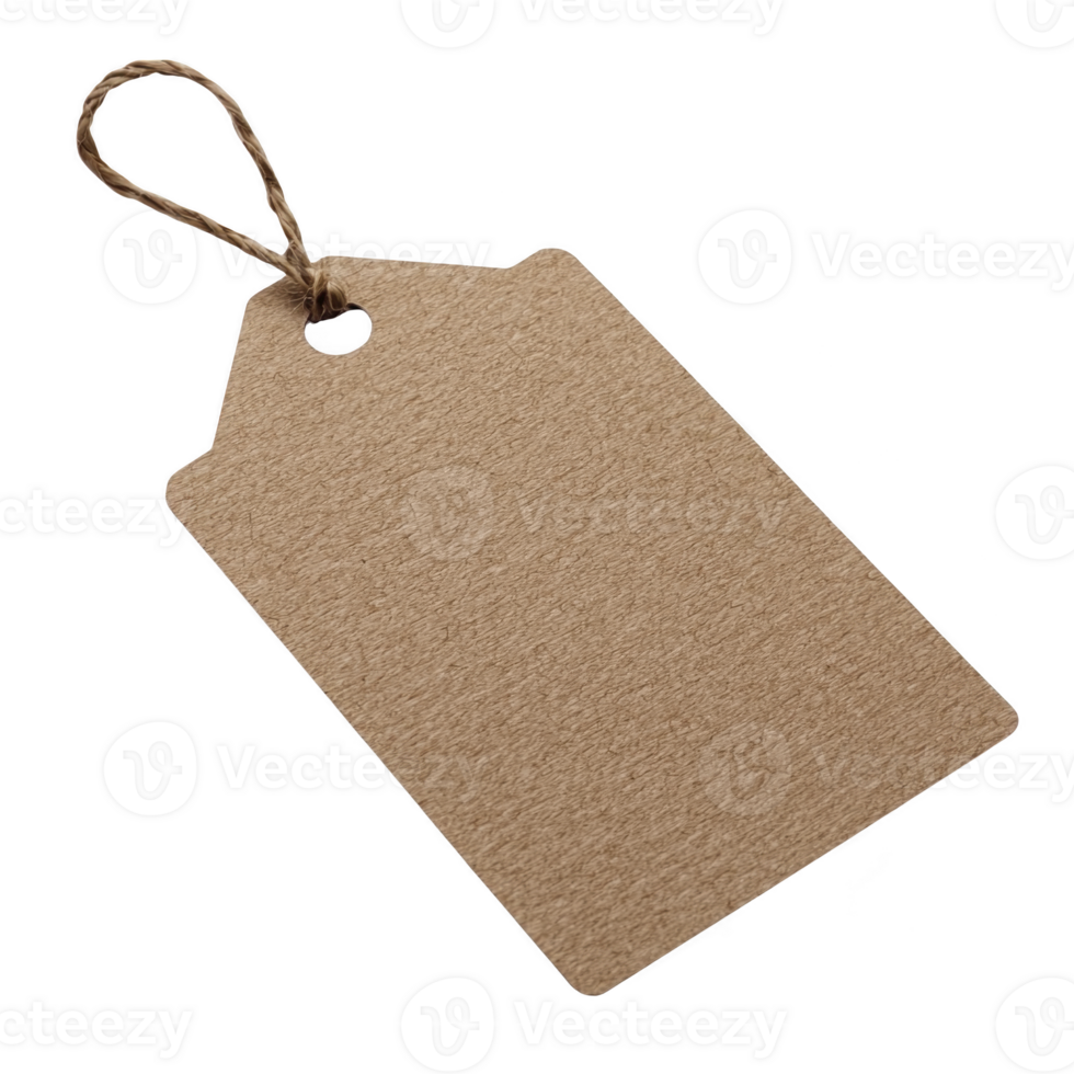 A blank brown paper tag with string attached, perfect for labeling or gift wrapping. tag has textured surface and simple, rustic design, ideal for crafts or personalizing gifts png