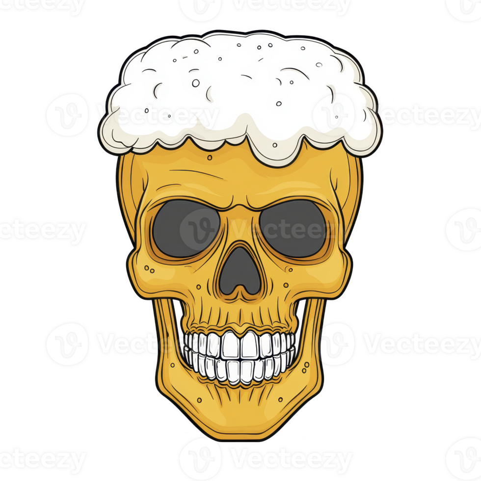 A skull with frothy beer head creatively combines elements of death and celebration, evoking sense of humor and intrigue png
