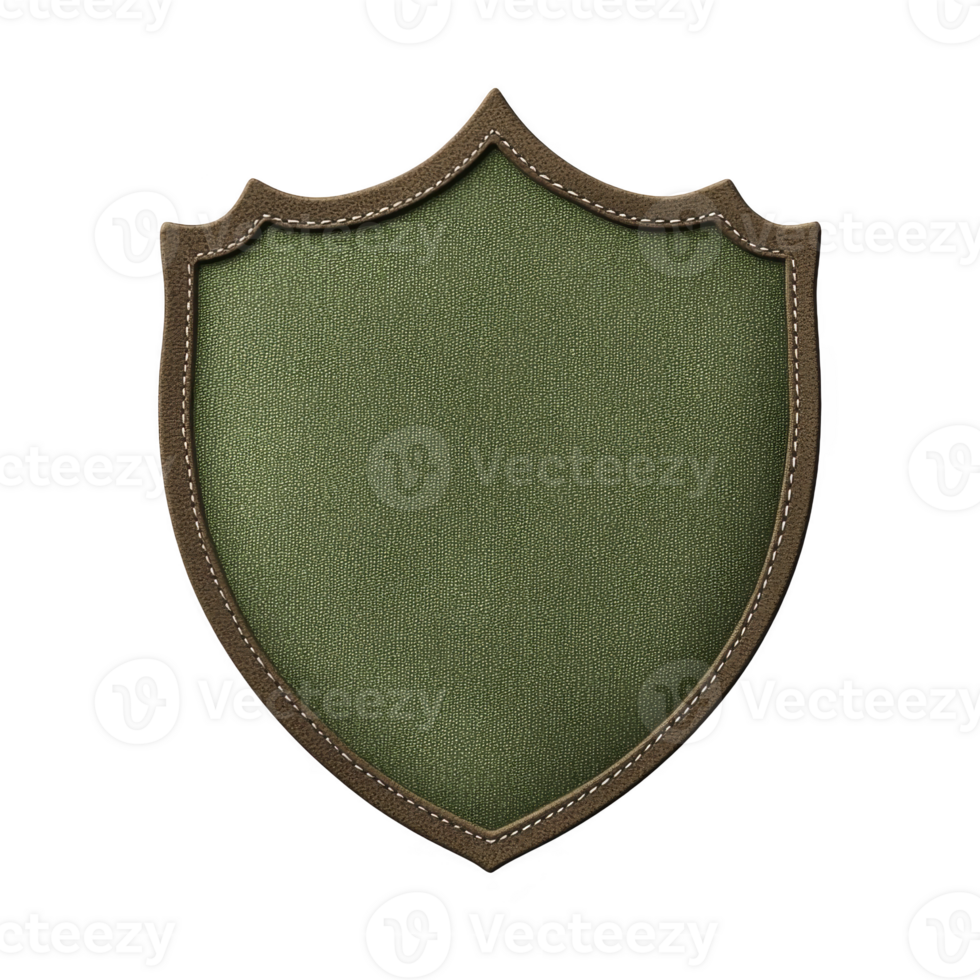 A green fabric shield with brown border and stitching, evoking sense of protection and tradition. design is simple yet elegant, suitable for various decorative or emblematic purposes png