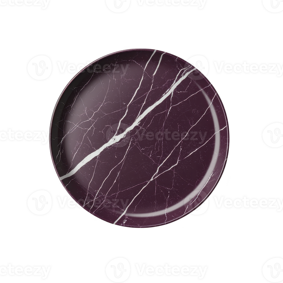 A round, dark purple marble plate with white veining, showcasing luxurious and elegant design. smooth surface and intricate patterns make it ideal for sophisticated dining settings png