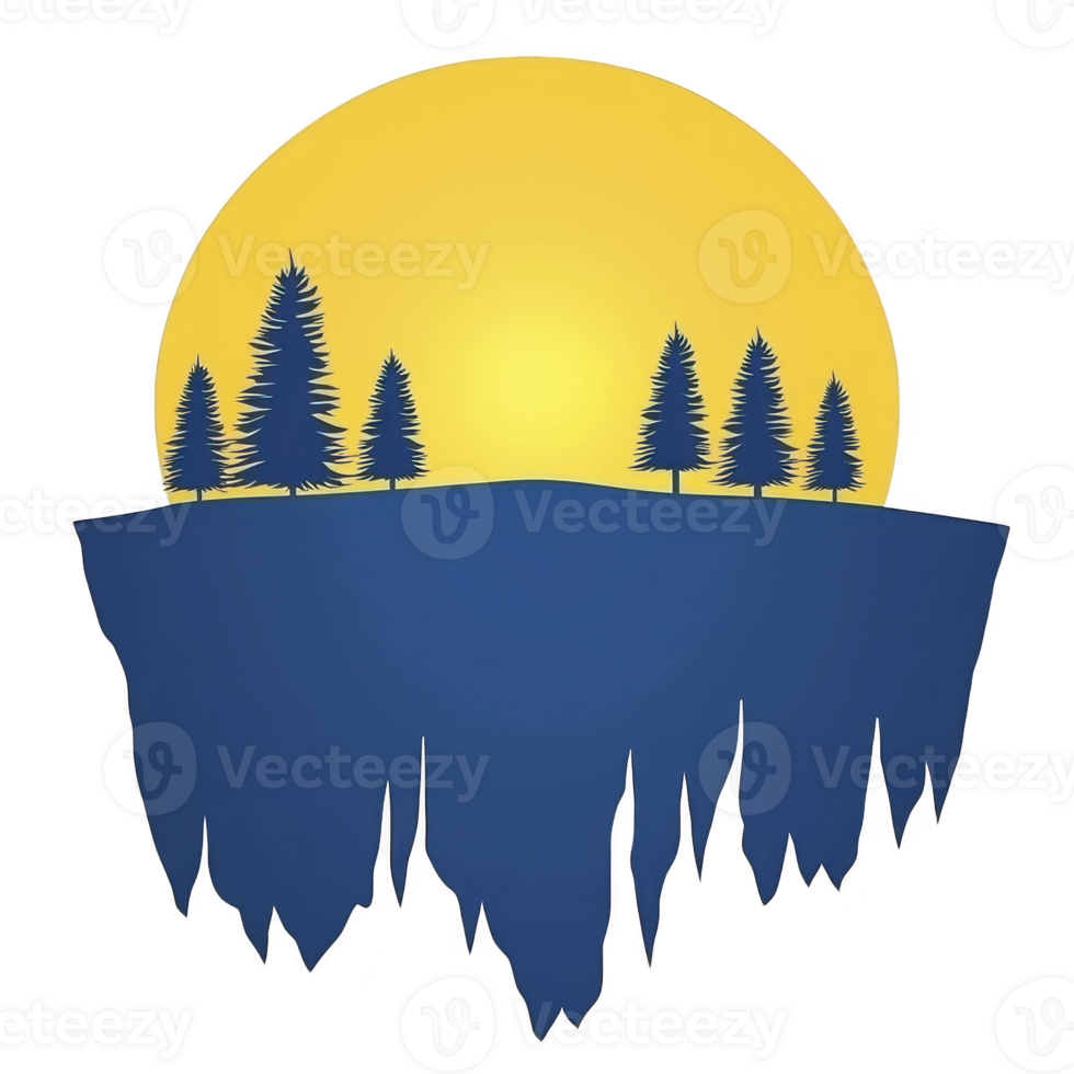 A serene landscape illustration features floating island with silhouetted pine trees against large, glowing yellow sun. island jagged edges create mystical and tranquil atmosphere png
