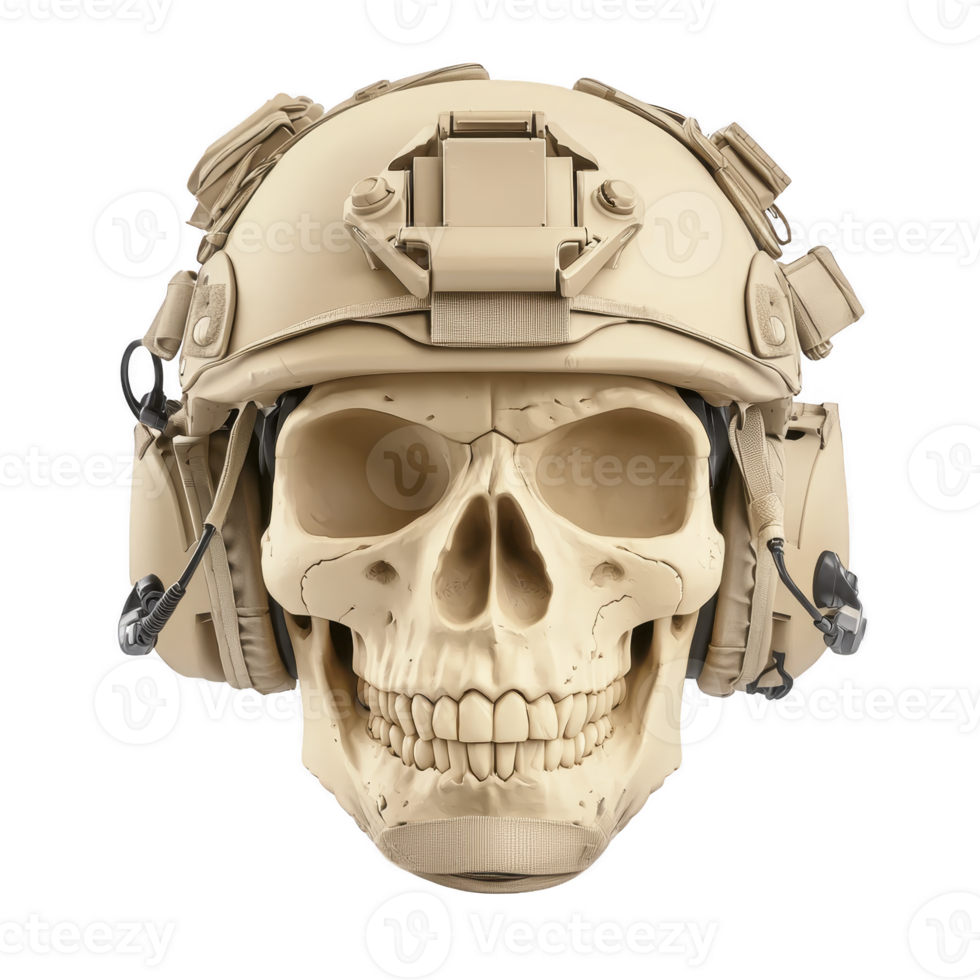 A skull wearing tactical military helmet with attached communication devices, showcasing blend of human anatomy and modern technology. image conveys sense of strength and resilience png