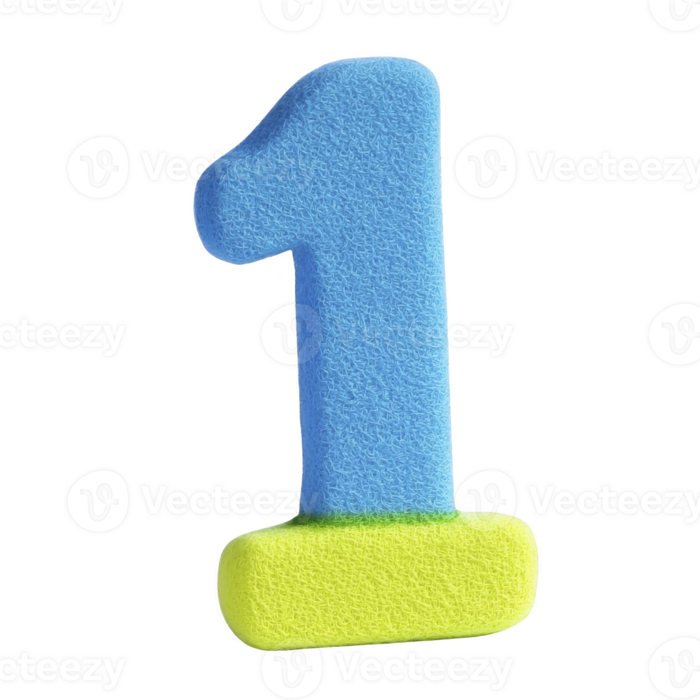 A blue and yellow foam number one stands out against transparency background, showcasing playful and educational design. texture is soft, making it ideal for children learning activities png