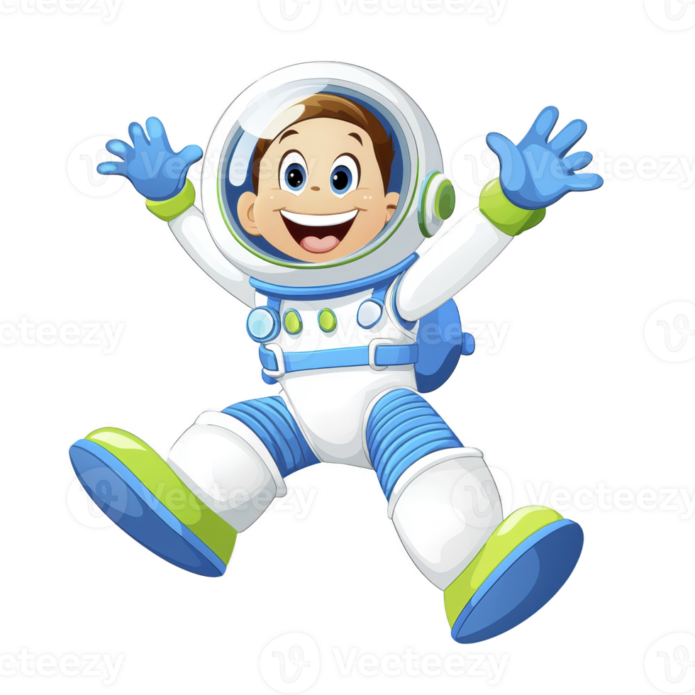 A cheerful cartoon astronaut with big smile is floating in space, wearing white and blue spacesuit with green accents. character arms are raised in excitement, conveying sense of adventure png