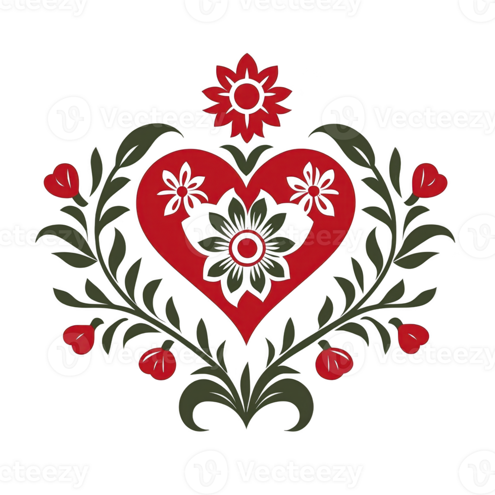 A vibrant folk art design featuring red heart surrounded by floral patterns, including flowers and leaves, creating symmetrical and decorative motif png