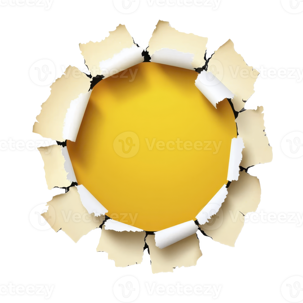 A vibrant yellow circle is surrounded by torn paper edges, creating dynamic and eye catching design. contrast between bright center and rough, jagged paper adds depth and texture png