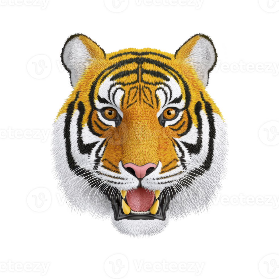 A detailed illustration of tiger face with vibrant orange and black stripes, showcasing its fierce expression and sharp features. artwork captures essence of this majestic animal png