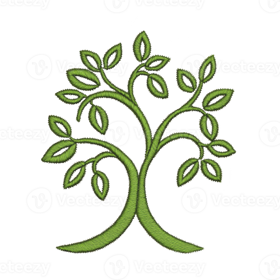 A green embroidered tree with intricate leaf patterns symbolizes growth and nature. design is detailed and artistic, showcasing stylized representation of tree with focus on elegance and simplicity png