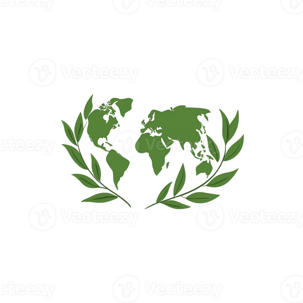 A green world map is creatively integrated with laurel branches, symbolizing global peace and environmental harmony. design is simple yet impactful, conveying message of unity and sustainability png