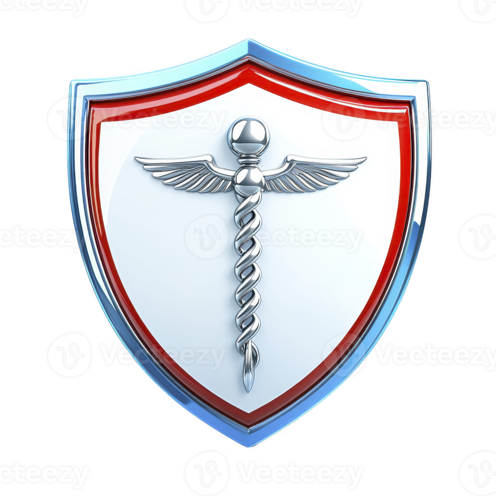 A shiny silver caduceus symbol is centered on red and blue shield, representing medical protection and healthcare security. design is sleek and modern, conveying trust and safety png