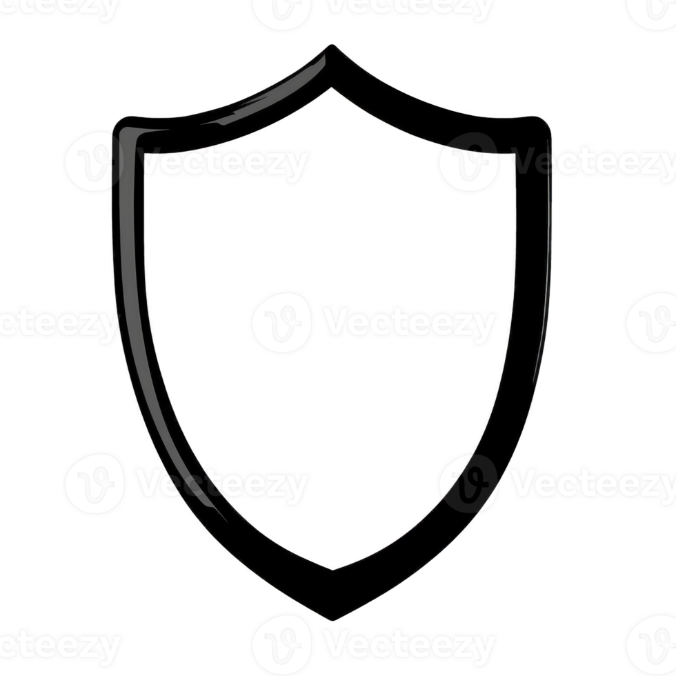 A simple black outline of shield symbolizing protection and security. minimalist design features classic shield shape with smooth, curved top and pointed bottom png