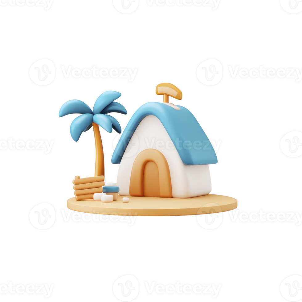 A small, charming beach hut with blue roof sits on sandy ground, accompanied by palm tree and wooden logs, evoking tropical island vibe png