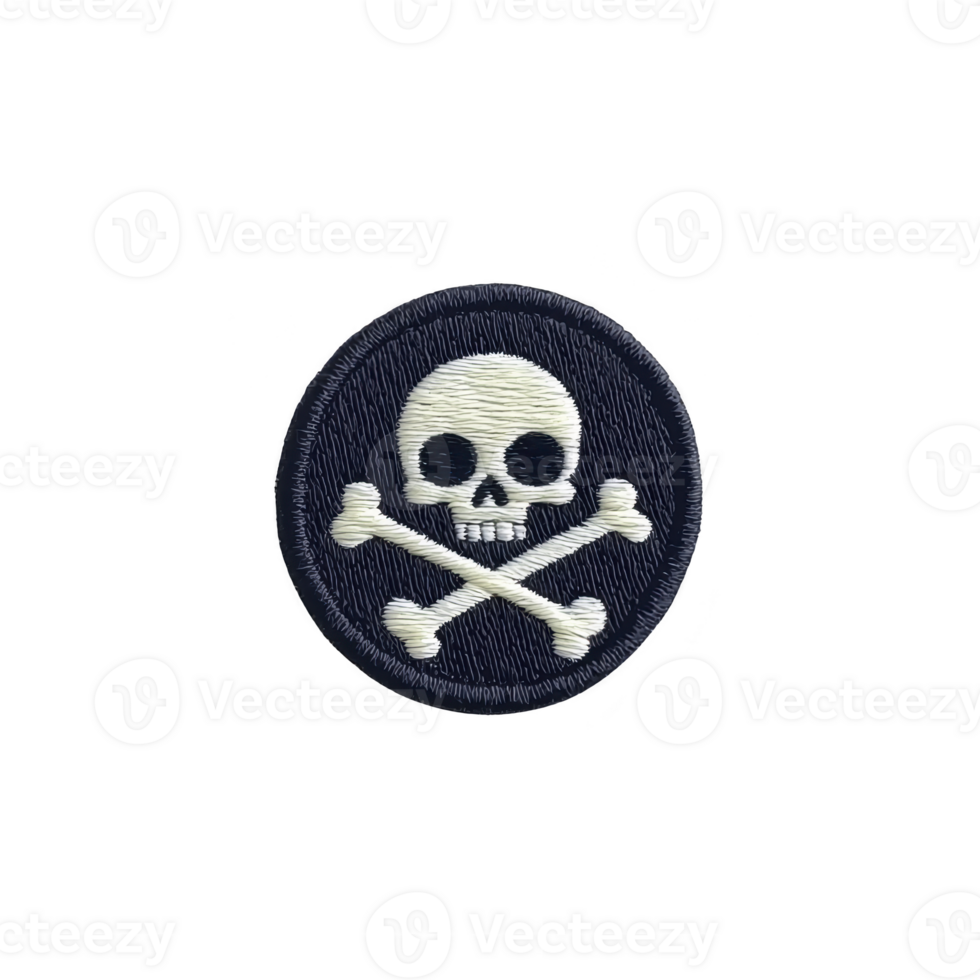 A round embroidered patch features skull and crossbones design on transparency background, symbolizing danger or piracy. patch is detailed with white stitching, creating striking contrast png