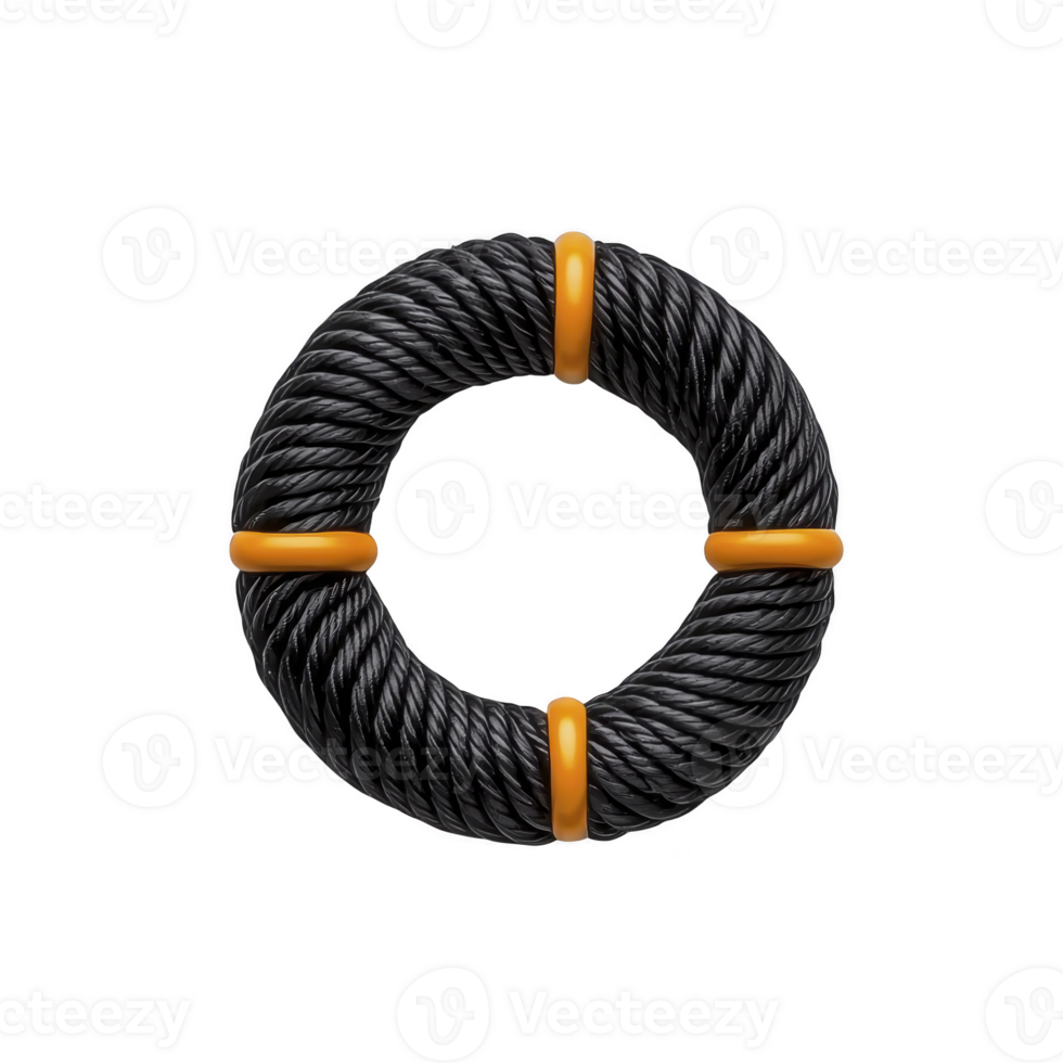 A This features black lifebuoy with orange accents, designed for safety and rescue sea. lifebuoy rope texture and vibrant colors make it both functional and visually striking. lifebuoy with orange png