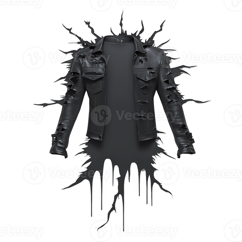 A black leather jacket with glossy finish is displayed against splattered paint background, creating dynamic and edgy visual effect. jacket features multiple pockets and sleek design png
