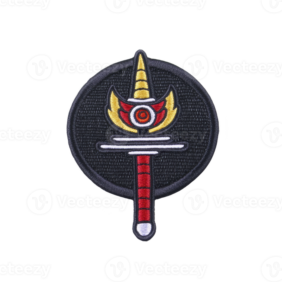 A This features circular embroidered patch with sword design, showcasing red and gold color scheme. sword is central, with decorative hilt and transparency background, creating striking contrast png