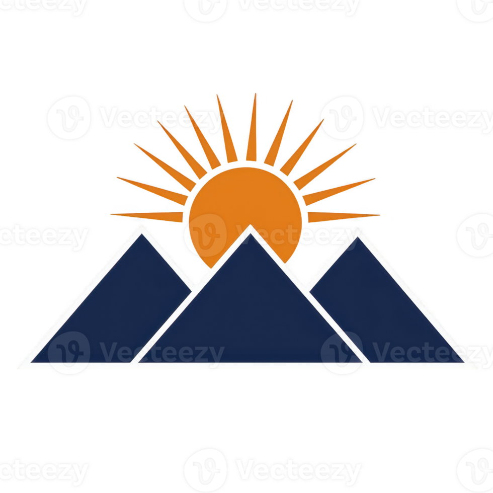 A stylized logo features three dark blue mountains with bright orange sun rising behind them, symbolizing adventure and new beginnings. design is simple yet impactful png