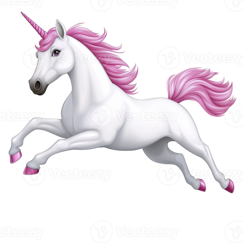 A majestic white unicorn with pink mane and tail leaps gracefully, exuding sense of magic and wonder. Its horn glistens, adding to enchanting aura of this mythical creature png