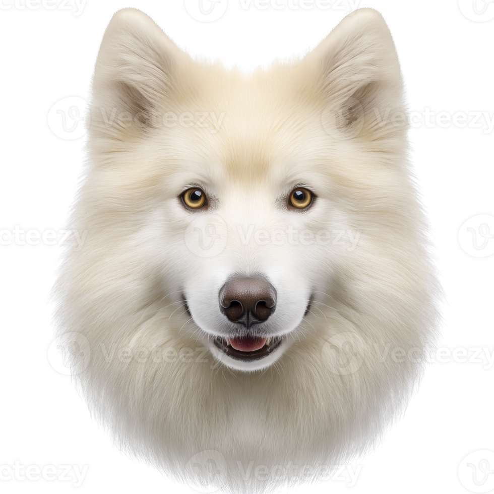 A fluffy white dog with friendly expression and bright eyes is shown in close up portrait, highlighting its thick fur and alert demeanor png