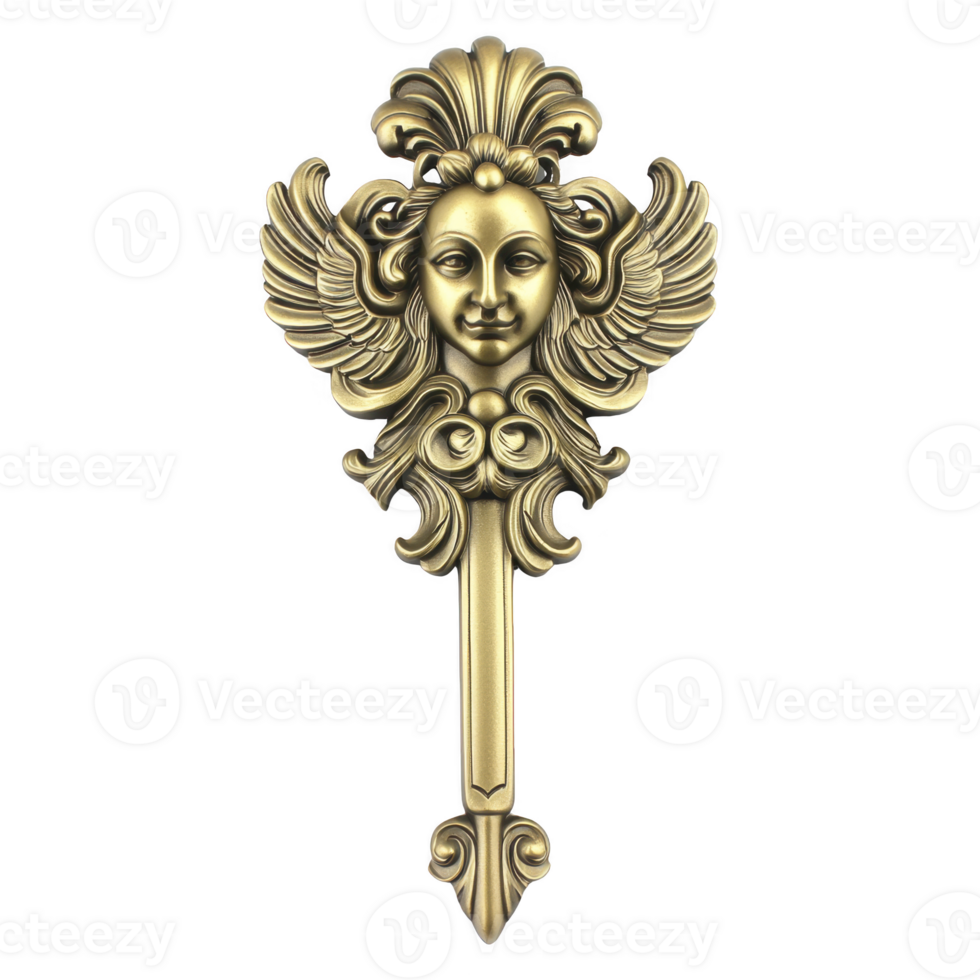 A This features ornate, golden decorative element with winged face design, showcasing intricate details and classical style. expression is serene and elegant png