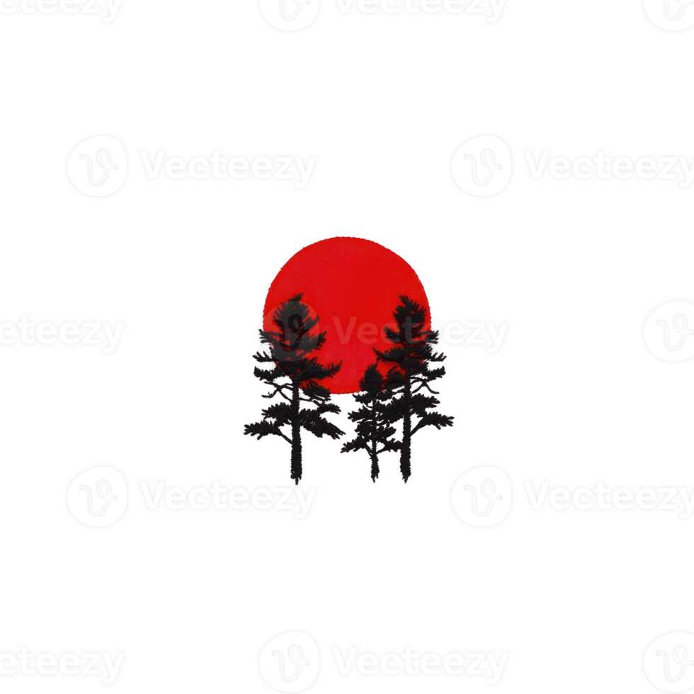 A silhouette of trees stands against vibrant red sun, creating striking contrast and evoking sense of tranquility and nature beauty png