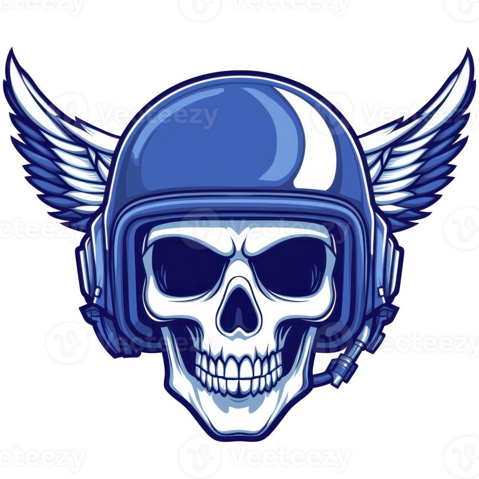A blue skull wearing pilot helmet with wings, symbolizing adventure and freedom. design is bold and striking, with sense of rebellious spirit png
